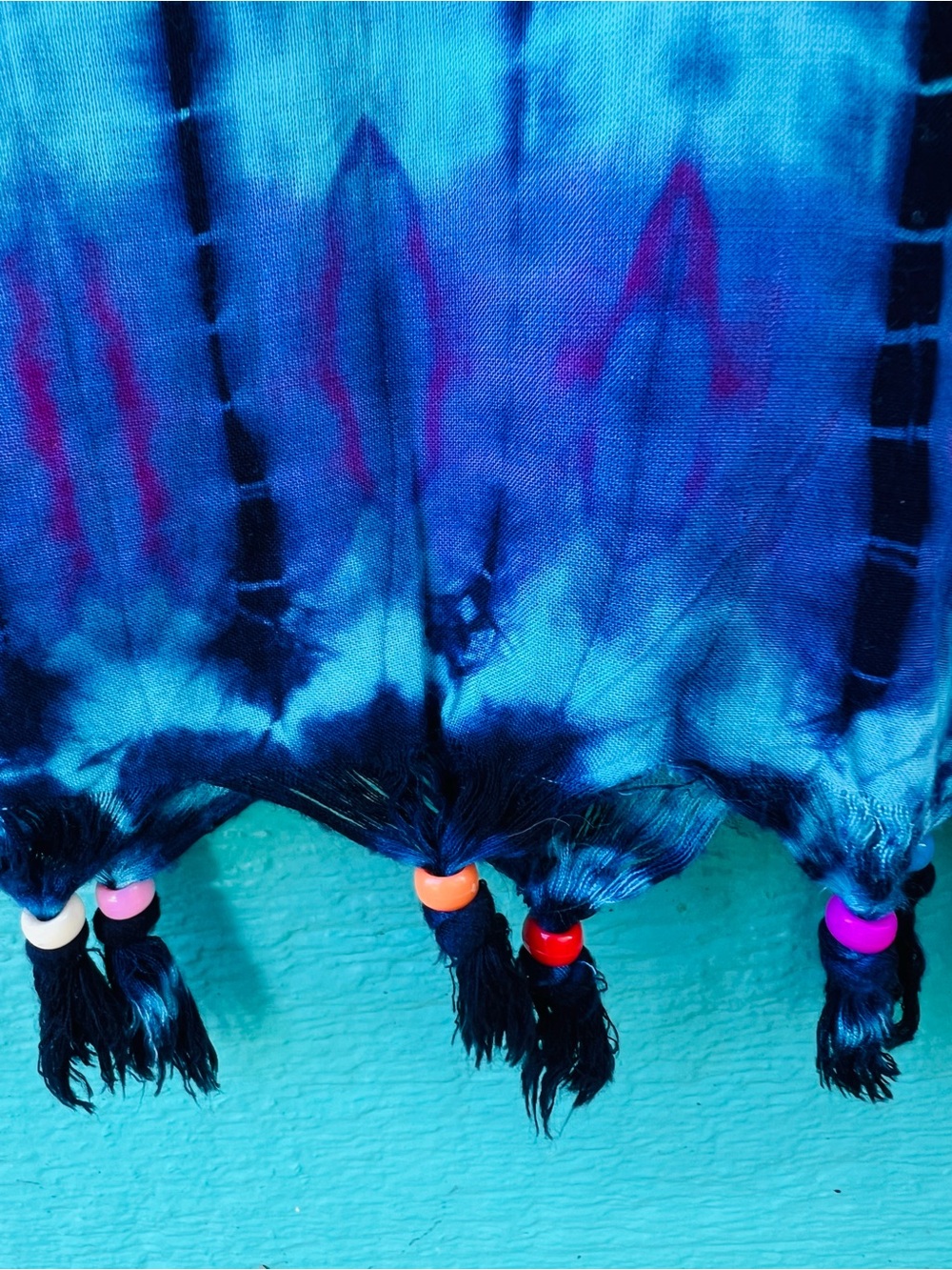 Vintage 1970's Tie-Dye Blue Batik Maxi Dress Boho Hippie • Beaded Fringe LARGE - Picture 7 of 7